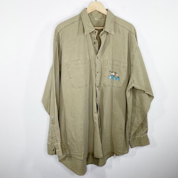 Green Khaki Coyote Print Long Sleeve Button Up Shirt Men's Size X-Large XL - Picture 1 of 7